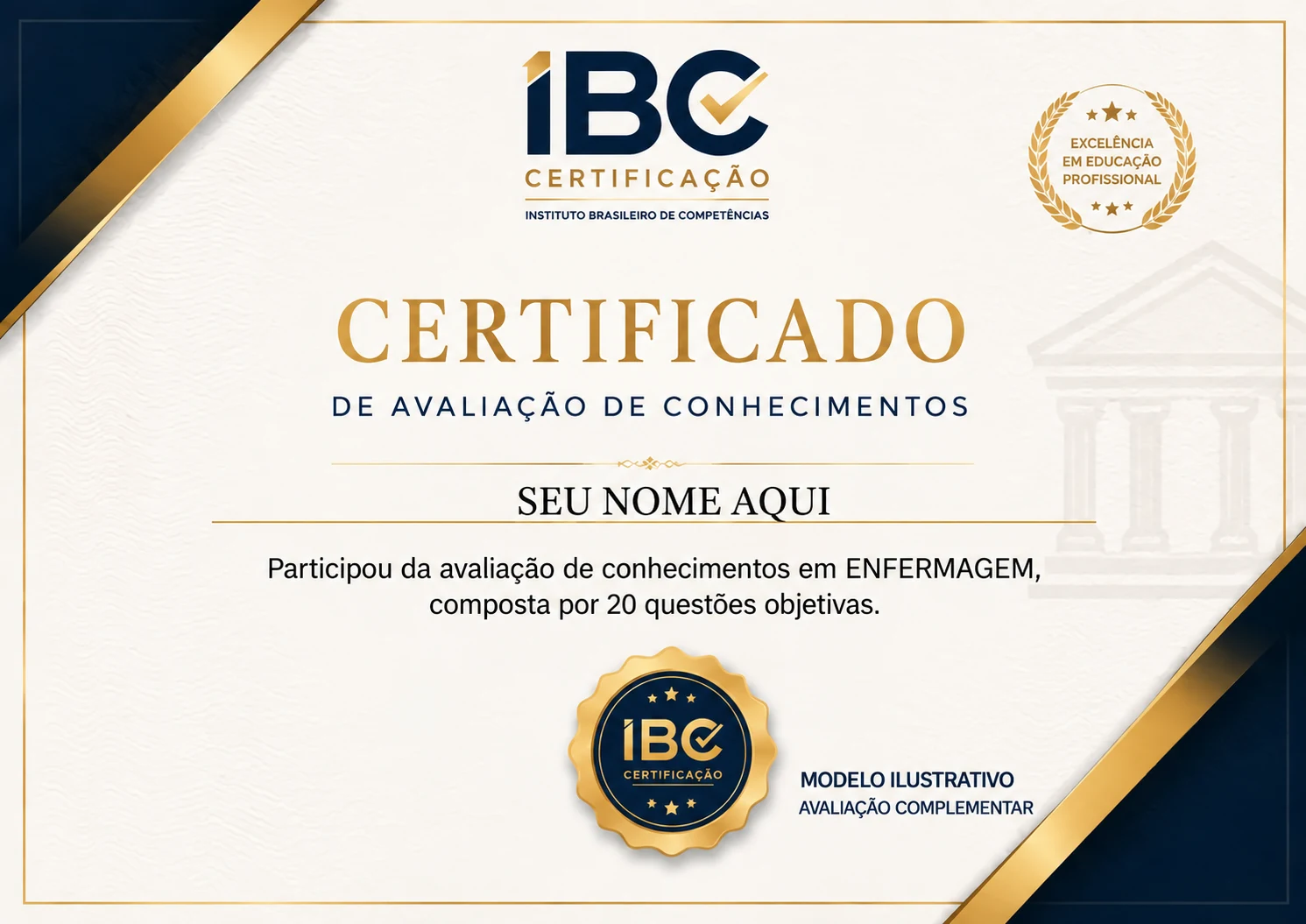 Certificado de avaliação de conhecimentos em enfermagem
